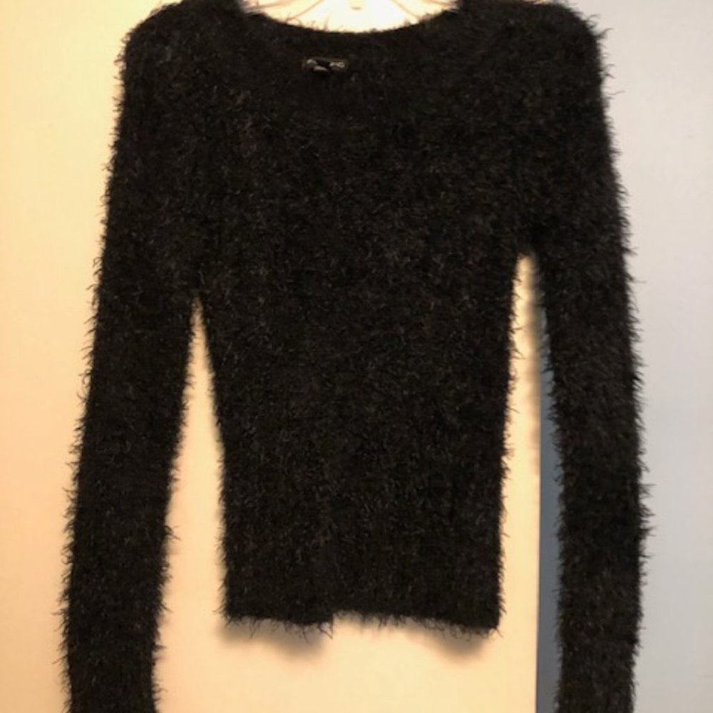Womens Fang Black Fuzzy Soft Pullover Sweate